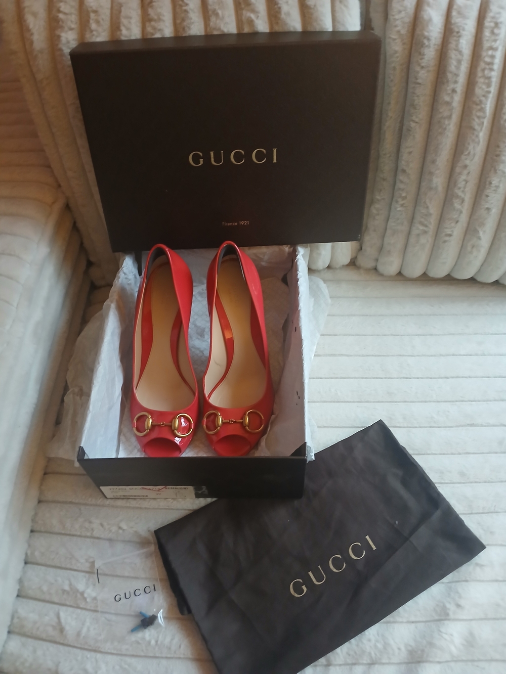 Gucci Red Leather Peep-Toe Pumps with Gold Horsebit Accent